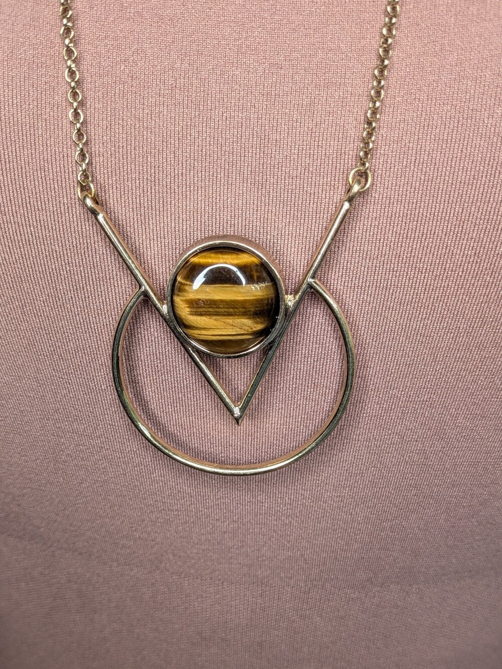 American Eagle Gold Geometric Tiger Eye Round Stone Long Pendant Necklace Boho